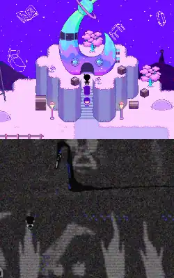 Two game screenshots; the top depicting a crescent moon shaped building in the vibrant, childlike world of Headspace. The bottom has a glitchy, monochrome, and foreboding art style depicting an ambiguous location with an object designed to resemble a body hanging from a tree.
