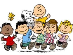 The characters from Peanuts holding Charlie Brown and Snoopy aloft.