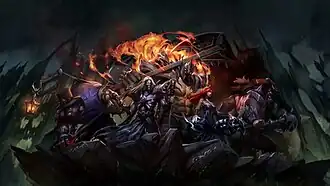 Pentakill promotional art. From left to right: Yorick, Karthus, Mordekaiser, Sona, and Olaf.
