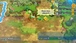Gameplay screenshot of Pokémon Mystery Dungeon: Rescue Team DX, featuring Pokémon in combat.