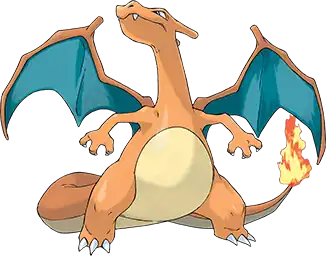 A bipedal orange dragon-like Pokémon with a cream and white underbelly stands facing the viewer. Its wing membranes are bluish green and it has a small fire on the tip of its tail. Its head is turned to the left and it is looking up toward the sky.