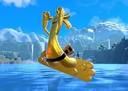 An image of Gholdengo surfing in Pokémon Scarlet and Violet