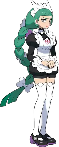 A woman with a long green ponytail dressed in a black and white maid outfit with her hands held together at her front