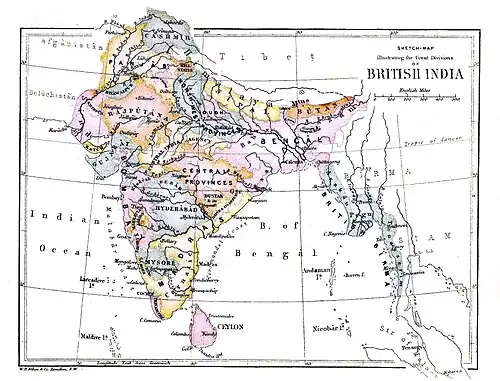 British India in 1880: This map incorporates the provinces of British India, the Princely States and the legally non-Indian Crown Colony of Ceylon.