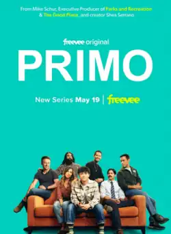 The poster depicts the central character, Rafa, his five uncles, and his mother sitting together on an orange couch. The background is teal and the series title Primo is in large white text at the top.