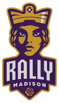 A bust of a woman's head with a crown atop. The image of a rose and the words "Rally Madison" are printed below her head.