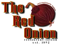 Stylized lettering saying "The Red Onion" in red with yellow trim, descending further rightward with each word. A drawn red onion rests, tilted, on the right. Above it are the curved words, in small type "Internationally famous", with "saloon … restaurant … established 1892" below in similar type