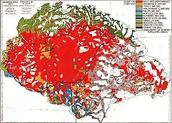 The "Red Map",[139] based on the 1910 census. Regions with population density below 20 persons/km2 (52 persons/sq&nbsp;mi)[140] are left blank and the corresponding population is represented in the nearest region with population density above that limit. Red colour to mark Hungarians and light purple colour to mark Romanians.