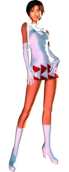 A 3D render of a tall slender Asian woman with short hair wearing a white tube dress with a red checkered pattern and matching white boots and gloves.