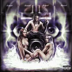 Image of a shirtless man sitting on top of a giant speaker, paired with two nude women sitting at the bottom
