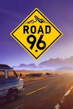 A yellow diamond-shaped sign reading 'Road 96' floats above an open desert highway, with a blue van parked on the roadside and distant mountains under a purple-orange sky.
