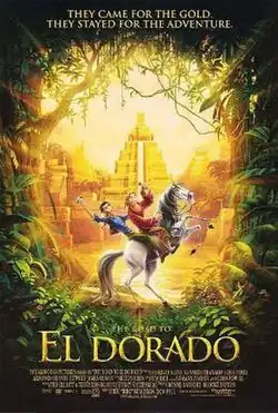 Two men sit atop a white horse, in front of the glistering golden city El Dorado.