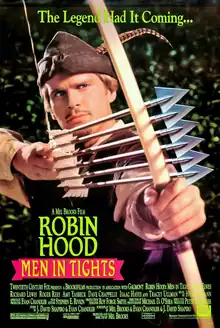 Robin Hood drawing his bow with 6 arrows nocked on it.