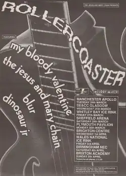 A monochrome image of the word "rollercoaster" in large warped text. Other text reads "Blur", "Dinosuar Jr", "My Bloody Valentine" and "The Jesus and Mary Chain". A logo for Melody Maker is seen in the top right corner.