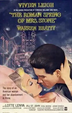 Stylized movie poster featuring a close-up of a romantic embrace between a woman reclining with closed eyes and a man leaning in to kiss her, set against an illustrated backdrop of Roman architecture in soft blue and pink tones