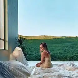 Duff sitting on a bed in a room without a wall facing a mountain