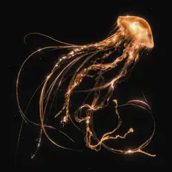 A golden jellyfish set against a black background.