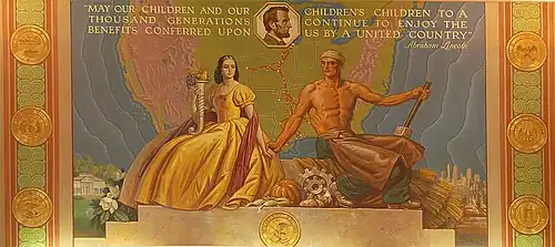Image 20A mural by Chicago artist Louis Grell in the Springfield Amtrak station. The mural depicts a quote by Abraham Lincoln, a map of the post-1947 Gulf, Mobile and Ohio Railroad, and the seals of the seven states that the railroad served. Image credit: Louis Grell (painter), RI-Bill (photographer) (from Portal:Illinois/Selected picture)
