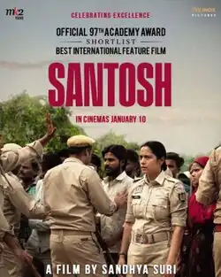 Red uppercase text reads "Santosh". A female constables nervously stands still in front of a crowd.