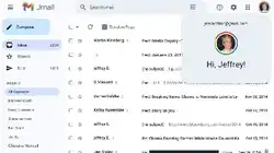Web screenshot of a Gmail-like interface with multiple email rows, a profile image of Jeffery Epstein, and a Gmail logo with a tan hat on it.