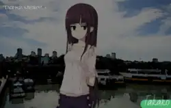 A background image of a harbour against which a character named Sachiko stands. A perspective label on the right, "Takako". Text on the top of the image, "'That was whiskey!'"