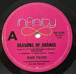 Photo shows the single's label. It has a pink background. Front shows (top to botton): "infinity" in white lower case, an infinity symbol in yellow, the rest has black lettering: capital "A" at left, at right catalogue details "INK-4248", "MX38363" and duration. Below is song's title, album name, songwriters, band name and producers. Around the label's outer rim, in small white letters, is copyright information.