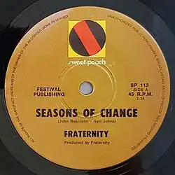 Label's main background is light tan colour. At top is a graphic, which consists of a yellow square, covered by a black circle, which has an oblique red rectangle. Immediately below is the label's name in lower case, coloured white. The rest is in black writing: single's publisher "Festival" is shown at left, while at right is catalogue information: "SP 113", record's speed ("45 R.P.M.") and song's duration. Its title is below, followed by songwriters, band's name and "produced by Fraternity". Around the outer rim of the label, in small black letters, is copyright information.