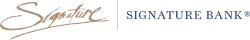 The stylized lettering "Signature" in a flowing script with gold underline, next to a dividing line and the words "Signature Bank®", all caps, in a serif in blue.