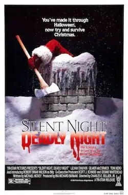 On a snow-covered roof, the arm of a person donning a Santa Claus costume hangs out of a chimney while holding a double-bit axe.