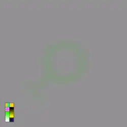 A faint green flipped Mars/male symbol on a grey square, with several small squares of colour in the bottom left-hand corner.