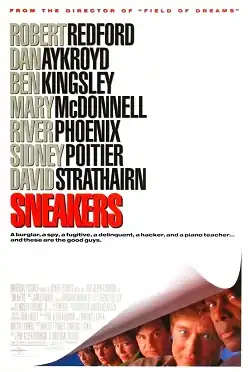 At the top, the names of the cast are in block type against a white background. In the lower right corner, the white background is curled up to reveal the faces of Poitier, Redford, Aykroyd, McDonnell, Phoenix, and Strathairn peeking out.