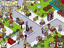 A street fair with various attractions including stalls, games, and decorations. Some attractions feature a golden coin above them, indicating that money can be collected.