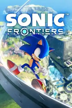 An anthropomorphic blue hedgehog, wearing red high top shoes, performing a skateboard grind with his feet on a steel rail. Above the hedgehog is text reading "SONIC FRONTIERS" while the background behind them, which is blurred, features a birds-eye view of an island and floating futuristic ruins.