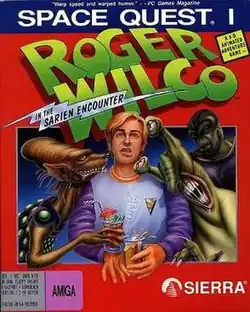 Video game box art the protagonist holding a drink while being surrounded by strange alien creatures, with the Sierra logo at the bottom.