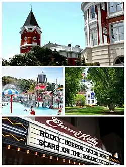 From top to bottom left to right: The Bulloch County Courthouse and Averitt Center for the Arts, Splash in the Boro Water Park, Campus of Georgia Southern University, the Emma Kelly Theater