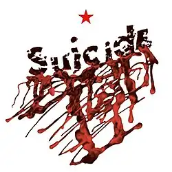 A white square shape featuring the a red star at the top center. Below the word Suicide is written diagonally across with blood seeping from it.