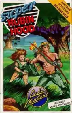 Vertically oriented front cover art depicts a man and woman in a grass field with trees and a castle in the background. The words "Super Robin Hood" are over a black and white stripe shield at the top of the cover.