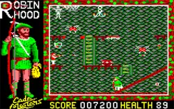 Horizontal rectangular video game screenshot that is a digital representation of a castle interior. A green character walks down an inclide with platforms and ladders above him. An archer stands on one platform shooting arrows while spiders descend from the ceiling.