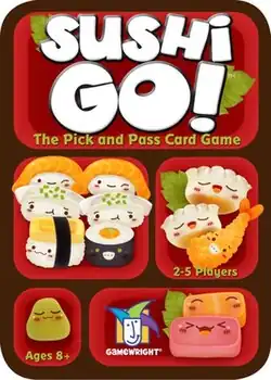 Rounded rectangular game box. Several cute, colorful images of smiling sushi, nigiri, and sashimi pieces are depicted in a bento box. The text Sushi Go! The Pick and Pass Card Game, 2-5 Players, Ages 8+, and Gamewright appear.