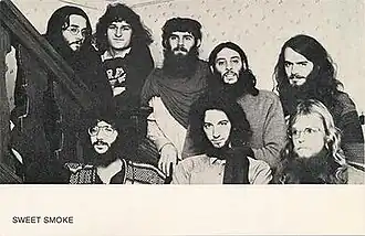 Promotional Postcard for Sweet Smoke (top row: Jay, Jeffery, Mike, Andy, Rochus - bottom row: Steve, Marvin, Nico)