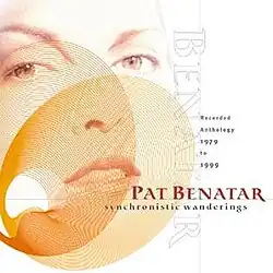 pale reddish image of Pat Benatar's facial features amid moiré patterns and graphic elements