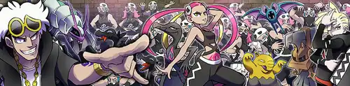 An image containing both Team Skull members, all of whom wear black-and-white clothing and have blue or pink hair, and Pokémon species. In the foreground are a white-haired man wearing sunglasses with a misshapen lens, and gold accessories; a pink-and-yellow-haired woman with a pink tattoo and tanned skin; and a blonde-haired boy.