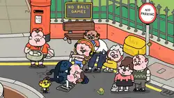 A small yellow man standing on a street with several people trying to pull out a man whose arm is stuck in a gutter.