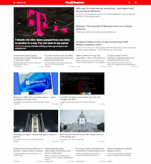 Screenshot of The Register website showing various content