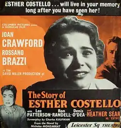 Vintage movie poster featuring a large black-and-white image of a distressed young woman's face against an orange background, with inset portraits of other characters and bold text highlighting Joan Crawford and Rossano Brazzi