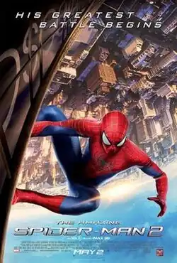 Spider-Man upside down on the side of the Oscorp tower with the film's title, credits and release date underneath below the skin people.