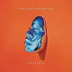 A shiny blue mask of a woman's face against a bright orange background.