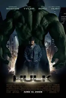 Human Bruce Banner stands in front of the large, green back of the Hulk and above the title "The Incredible Hulk".