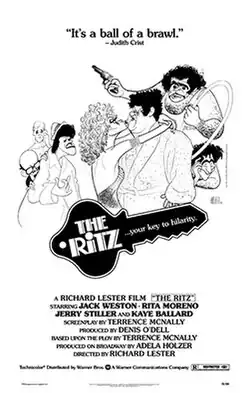 Black-and-white illustrated movie poster with caricatured characters in a chaotic confrontation, including a man in a bathrobe embraced by a glamorous woman, with another man brandishing a gun, with the tagline "your key to hilarity"