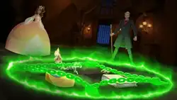 A cartoon still, on the left, Astra is in a dress, on the right Crowley is in a suit. In the middle, several living cartoon objects are under a green magic chain